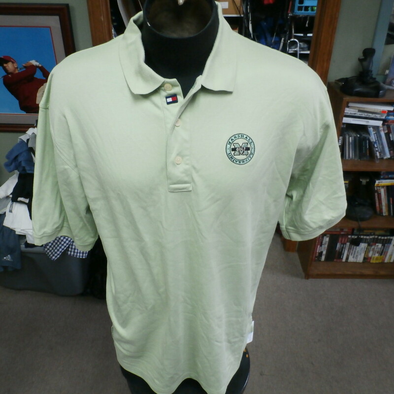 Marshall University Golf green Tommy Hilfiger polo shirt size Large #28856
Rating: (see below) 3- Good Condition
Team: Marshall Thundering Herd
Player: n/a
Brand: Tommy Hilfiger
Size: Men's Large- (Measured Flat: Across chest 23\"; Length 31\")
Measured Flat: underarm to underarm; top of shoulder to bottom hem
Color: green
Style: short sleeve; embroidered
Material: 100% cotton
Condition: 3- Good Condition: minor wear; small bleach stains near collar (see photos)
Item #: 28856
Shipping: FREE