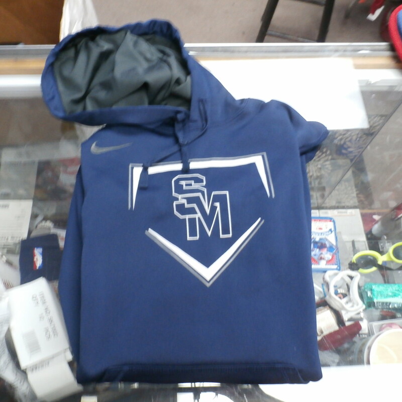 Nike Therma Fit Men's Hoodie Blue SM Baseball Diamond Logo Size Large #28926
Rating: (see below) 2- Great Condition
Team: SM
Player: Team
Brand: Nike
Size: Men's Large (Measured Flat: across Chest: 17\", length: 21\")
Measured flat: armpit to armpit & top of shoulder to bottom hem
Color: Blue
Style: hoodie; drawstring; Therma-Fit; front pouch pocket;
Material: 100% polyester
Condition: 2- Great Condition - wrinkled; knots tied in the drawstring; the Therma-Fit logo is cracked; a few very light and minor stains on the front pocket; a few tiny snags; stains on the sleeve ends
Item #: 28926
Shipping: FREE