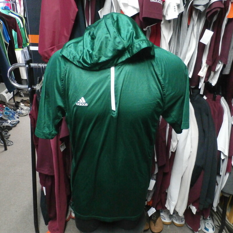 Webber Warriors Men's adidas partial zip hooded Shirt Green size Large #29214
Rating: (see below) 3- Good Condition
Team: Webber Warriors
Player: Team
Brand: adidas
Size:  men's Large (Measured Flat: Across chest 21\"; Length 28\")
Measured Laying Flat: armpit to armpit; top of shoulder to bottom hem
Color: Green
Style: Pullover; short sleeve; screen pressed; partial zip up; hooded
Material: 100% polyester
Condition: 3- Good Condition: wrinkled; minor pilling and fuzz; a few light stains on the front; the W on the back is worn, cracked and partially worn off;
Item #: 29214
Shipping: FREE