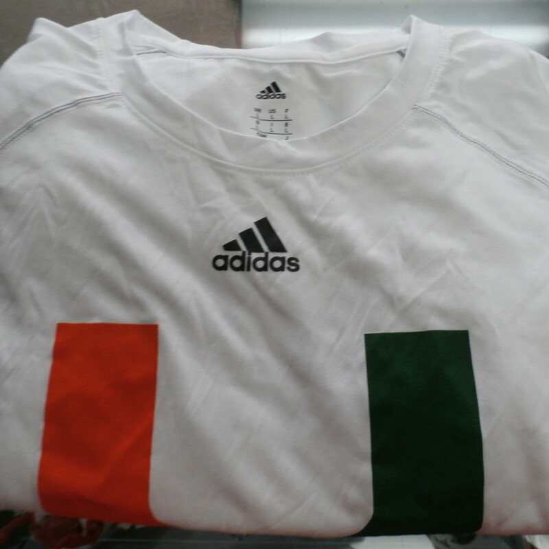 adidas Men's University of Miami \"student manager\" LS shirt white size L #29913
Rating: (see below) 4- Fair Condition
Team: University of Miami Hurricanes
Player: Team
Brand: adidas
Size: Men's - Large (Measured Flat: Across chest 22\", length 30\")
Measured flat: arm pit to arm pit; top of shoulder to the hem
Color: White
Style: screen pressed long sleeve shirt
Material: 100% Polyester
Condition: 4- Fair Condition - wrinkled; minor pilling and fuzz; stretching from use; slight discoloration from use; stain on front near left shoulder; some light staining on front;
Item #: 29913
Shipping: FREE