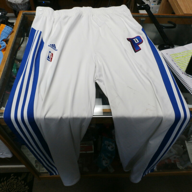 Detroit Pistons white Adidas tearaway pants size 2XLT polyester #29963
Rating: (see below) 4- Fair Condition
Team: Detroit Pistons
Player: N/A
Brand: Adidas
Size: Men's XXLT- (Measured Flat: waist 19\"; Length 50\"; inseam 36\")
Color: white
Style:  elastic waistband with drawstring; embroidered
Material: 100% polyester
Condition: 4- Fair Condition - lots of stains; minor wear (see photos)
Item #: 29963
Shipping: FREE