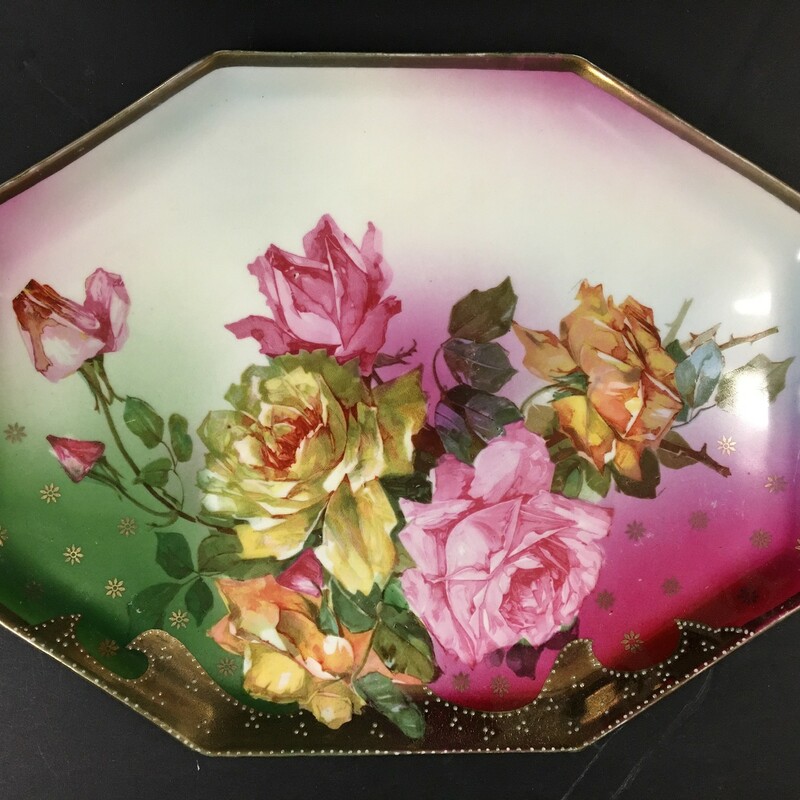 prussia dresser tray. Carl Schegel hand painted roses.