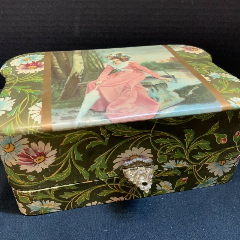 Victorian Menâ€™s Celluloid Dresser Box featuring woman sitting on bench with floral background.  Original Lining and contents including shaving mug; Williams shaving stick;; Mirror; Manicure.