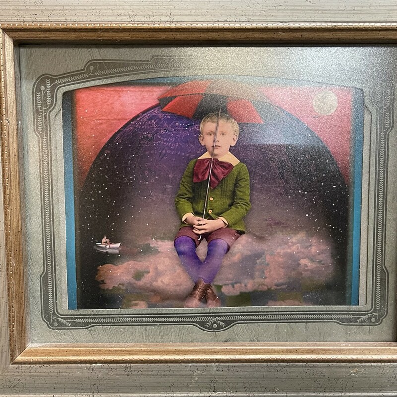 Playful picture with boy holding umbrella sitting on a cloud in front of the world. Full moon and figure in canoe add more whimsy. Magenta; crimson; violet and greens add beautiful colors to this 12w x 10t picture.