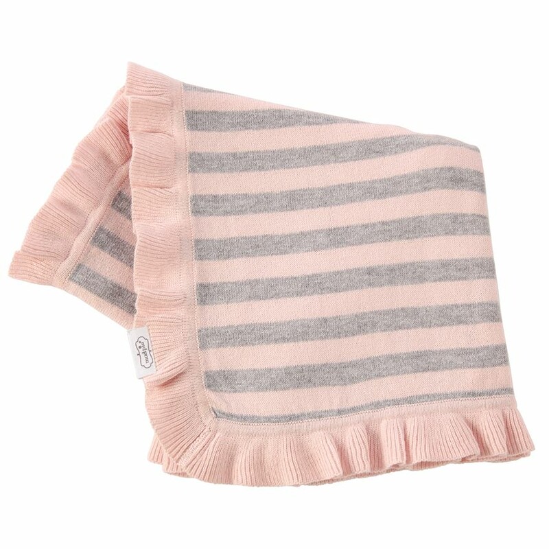 34in x 28in
- Heathered cotton knit striped blanket with knit ruffle trim