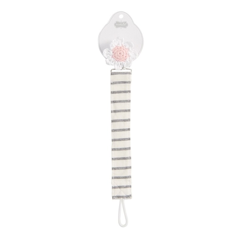 Crochet knit pacy clip features striped cotton spandex strap with nylon loop cord.
Size: 8in
Material: Cotton/Nylon
Care Instructions: Spot Clean Only