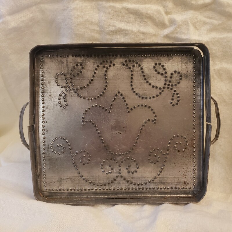 Vintage Punched Tin Tray, Size: 8in X 9in