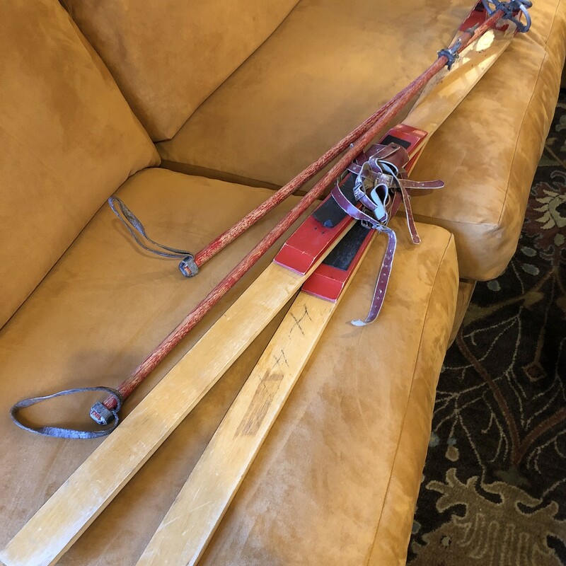 Terrific Pair of Vintage Kids Skis W/leather Bindings + Poles. Circa 40s