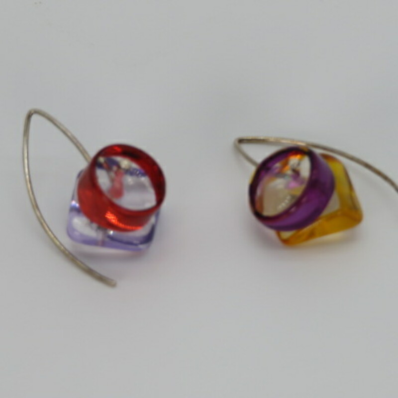 Each pair is unique!
They are 1.5in long made with some of Lucy's new inrough cut & polishedin Blown Glass Beads with a striking handmade V , 20 gauge flattened Sterling Silver Ear wire.