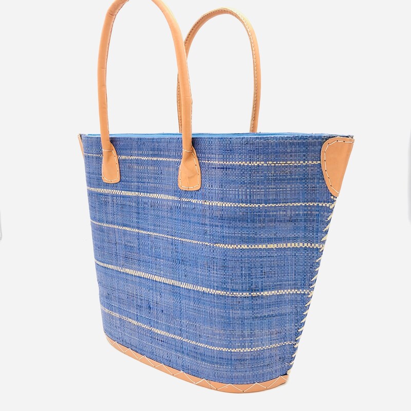 Pin Stripe Straw Bag, Cornflower Blue, Size: Small

Leather handles, leather binding & drawstring closure.
Dimensions: 21L x 12W x 8H