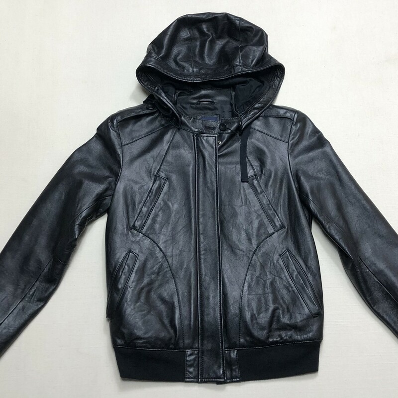 Gap Leather Jacket /hood, Black, Size: 12Y