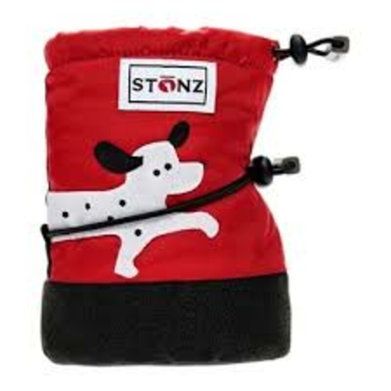 Stonz Booties -Dalmation, Red, Size: Small
NEW! For Fall, Winter, and Spring!
100% Waterproof  5,000 mm
Fleece Insulated
Recycled Rubber Bottom
6-18 Months
For Extra Warmth -Layer with a Fleece Bootie Linerz