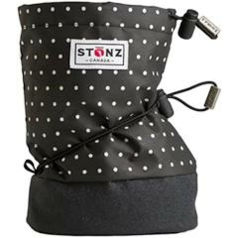Stonz Booties - Polka Dot, Black, Size: Small
NEW! For Fall, Winter, and Spring!
100% Waterproof  600D Nylon Upper
Fleece Insulated
Skid Resistant Bottom
0-9 Months
For Extra Warmth -Layer with a Fleece Bootie Linerz
