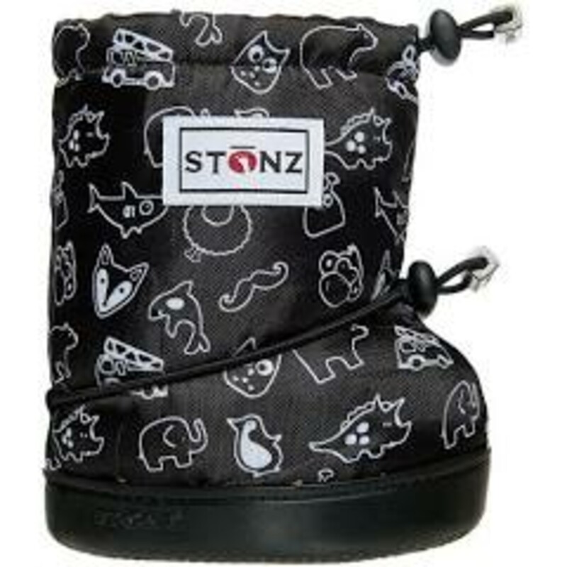 Stonz Booties - Print, Black, Size: Large
NEW! For Fall, Winter, and Spring!
100% Waterproof  5,000 mm
Fleece Insulated
Recycled Rubber Bottom
1-2.5 Years
For Extra Warmth -Layer with a Fleece Bootie Linerz