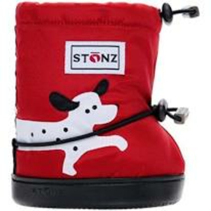 Stonz Booties - Dalmation, Red, Size: Large
NEW! For Fall, Winter, and Spring!
100% Waterproof  5,000 mm
Fleece Insulated
Recycled Rubber Bottom
1-2.5 Years
For Extra Warmth -Layer with a Fleece Bootie Linerz
