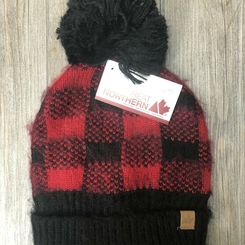 Buffalo Plaid Pom Hat, Red/Blk,
Size: 4-10Y
New