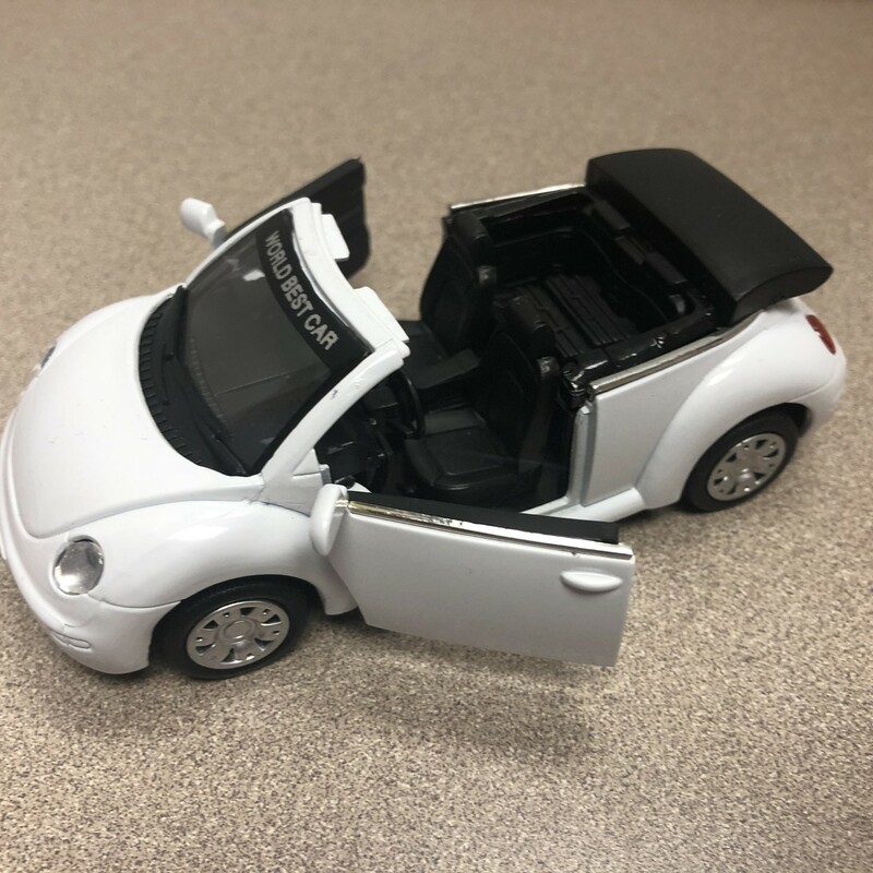 Die Cast Scale Model, White, Size: NEW
Volkswagon
Metal with Plastic parts
Doors Open
Pull Back