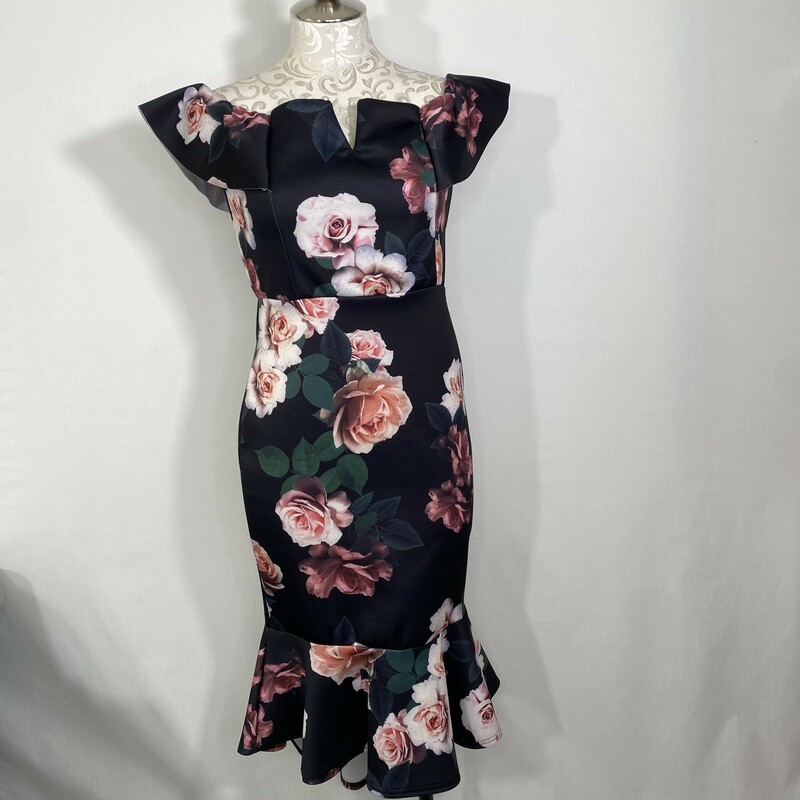 Quiz Floral Ruffle Dress, Navy, Satin,  Size: 14