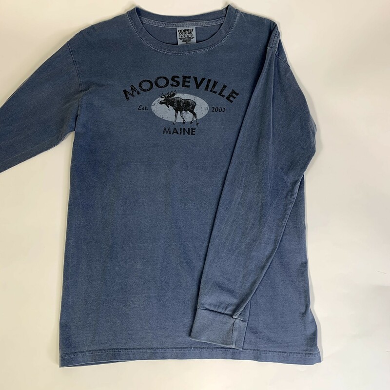 100-581 Comfort Colors, Blue, Size: Small Blue long sleeve Shirt w/ Mooseville maine logo 100% cotton