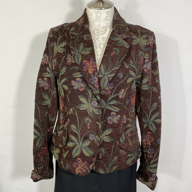 100-620 Stanley Blacker, Brown/mu, Size: 14 petite Brown blazer w/ green palm tree and flower print polyesther/cotton