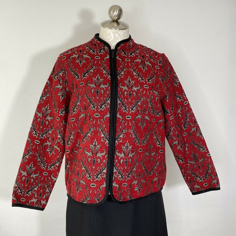 100-621 Studio Works, Red, Size: Pm Red zip up jacket w/black paisley print cotton/polyesther/rayon