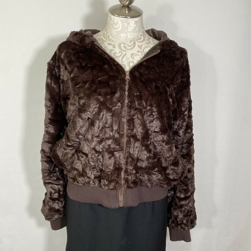 100-626 Carducci, Brown, Size: Medium Brown faux fur jacket w/zipper front and hood 100% polyesther