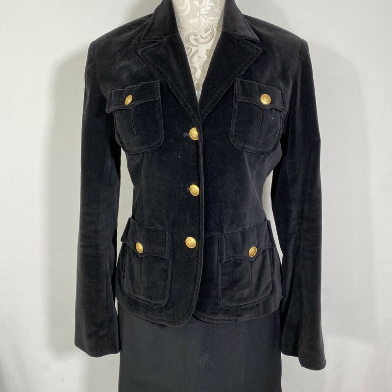 100-630 Lucky, Black, Size: Medium Black velvet blazer w/ gold buttons and front pockets 100% cotton/polyester
