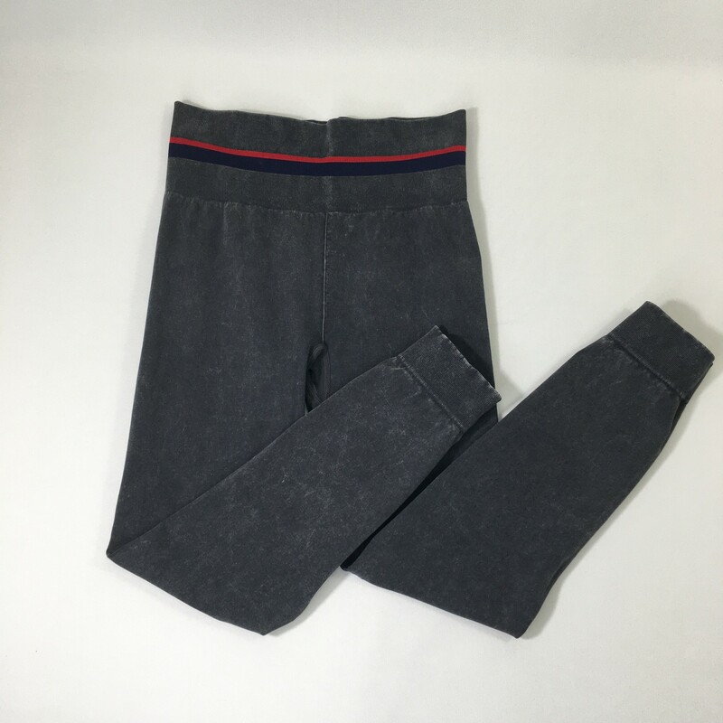 100-818 Champion, Grey, Size: Medium washed dark grey leggings with blue and red stripe at top 76% cotton 20%nylon 4% spandex  good