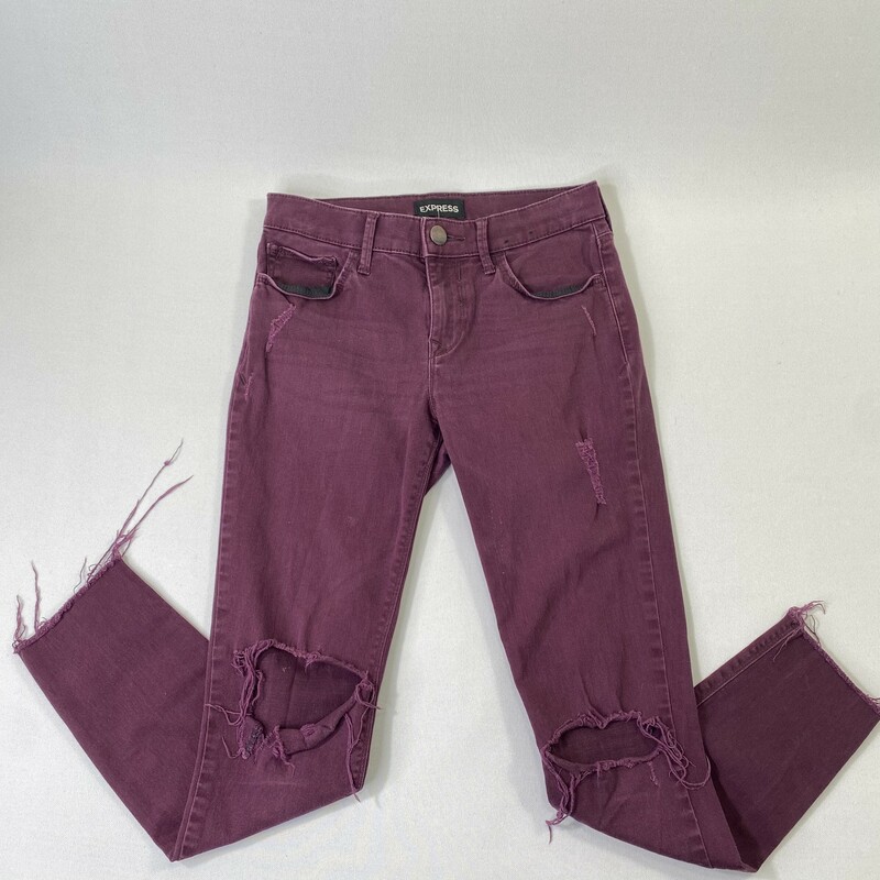 100-854 Express, Maroon, Size: 0 maroon ripped skinny jeans 78% cotton 20% rayon 2% spandex  good