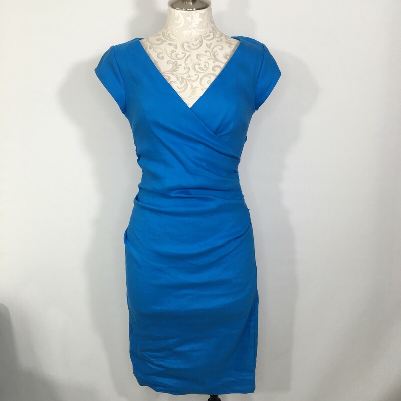 100-1006 Nicole Miller, Blue, Size: 4 blue v neckwith scrunches on the side dress 55% linen 43% viscose 2% spandex  good