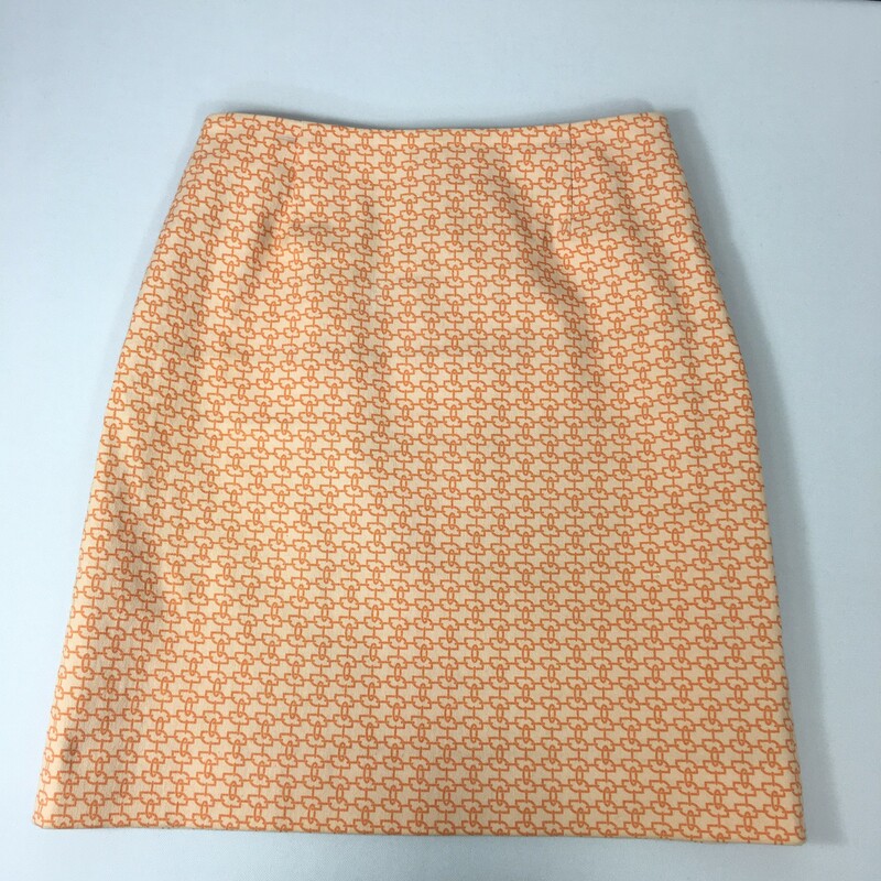 100-1010 Etcetera, Orange, Size: 6 linen light orange skirt with dark orange chain pattern 98% cotton 2% spandex  good