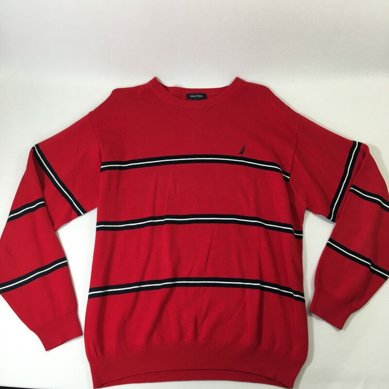 100-1019 Nautica, Red, Size: XL red sweater with navy blue and white stripes 100% cotton  good