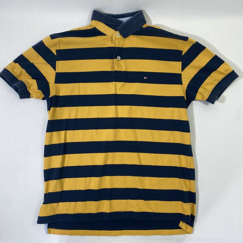 102-191 Tommy Hilfiger, Yellow/b, Size: Medium yellow and blue striped short sleeve polo shirt 100% cotton