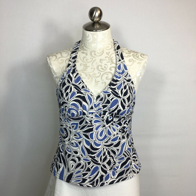 102-267 Landsend, Size: 4pBlue and white, tie on neck halter swin tankini, fixed soft cups, elastic on back has wear, hand wash cold, no bleach, line dry
80% Nylon 20 Spandex Made in China