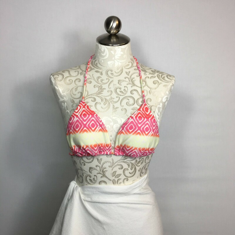 103-210 American Eagle, triangle string bikini top, Size: Small Pink, orange yellow pattern, removeable pads, nylon spandex . Machine wash gentle or hand wash cold, no bleach, dry flat or tumble low. Made in China.
2.00 oz