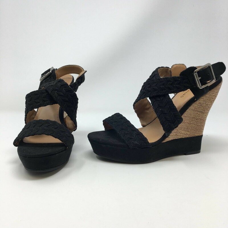 103-229 Call It Spring, Black, Size: 6.5
black and tan wedges with chefron pattern