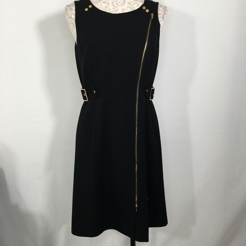 105-033 Calvin Klein, Black, Size: 8 black one piece skirt outfit w/  gold zipper and buckle front polyesther/rayon/spandex