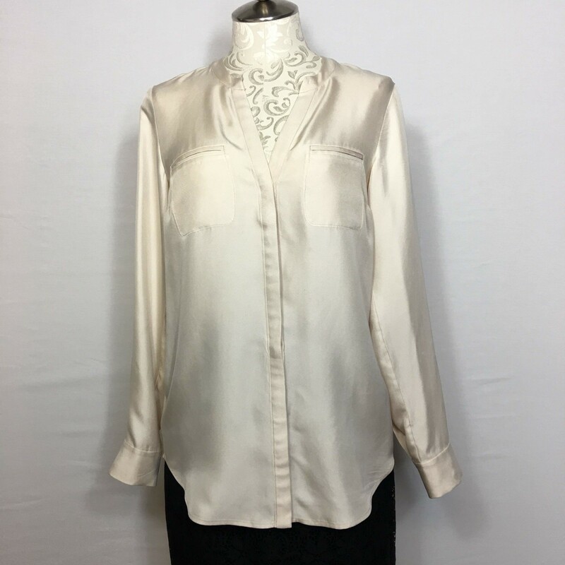 107-058 Worth New York, Beige, Size: Medium Long Sleeve v-neck blouse w/faux front pockets 100% Silk