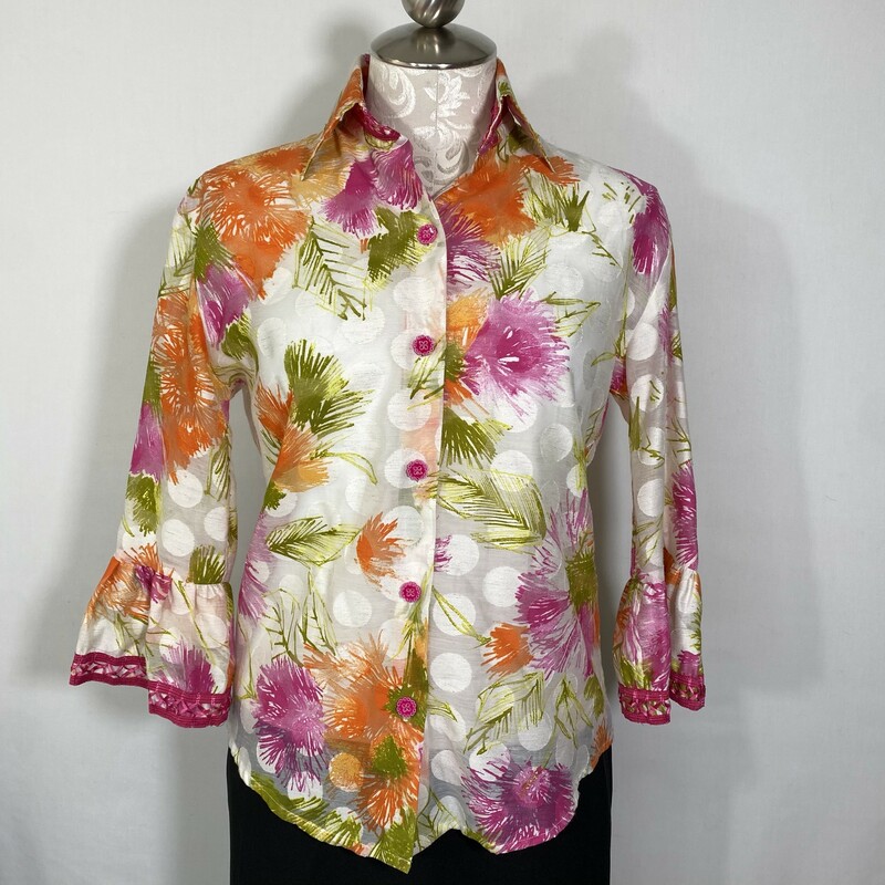 110-056 Liz Logie, Patterne, Size: Medium Floral Patterned Button-Up -  Good
