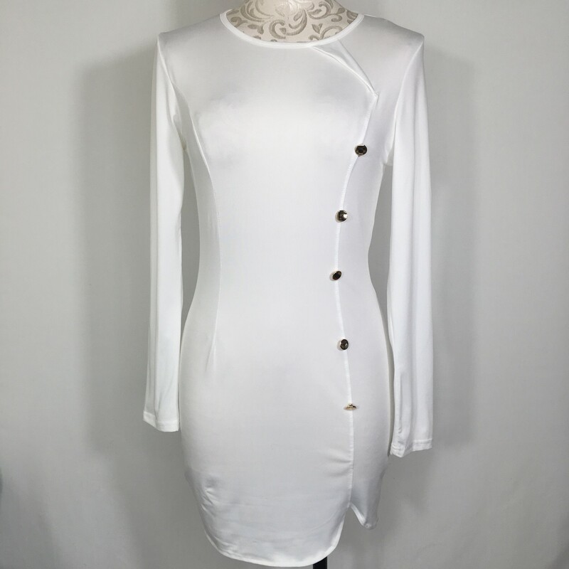 110-105 Fashion Mia, White, Size: Medium White Long Sleeve Dress With Off-Center Button Details -  New