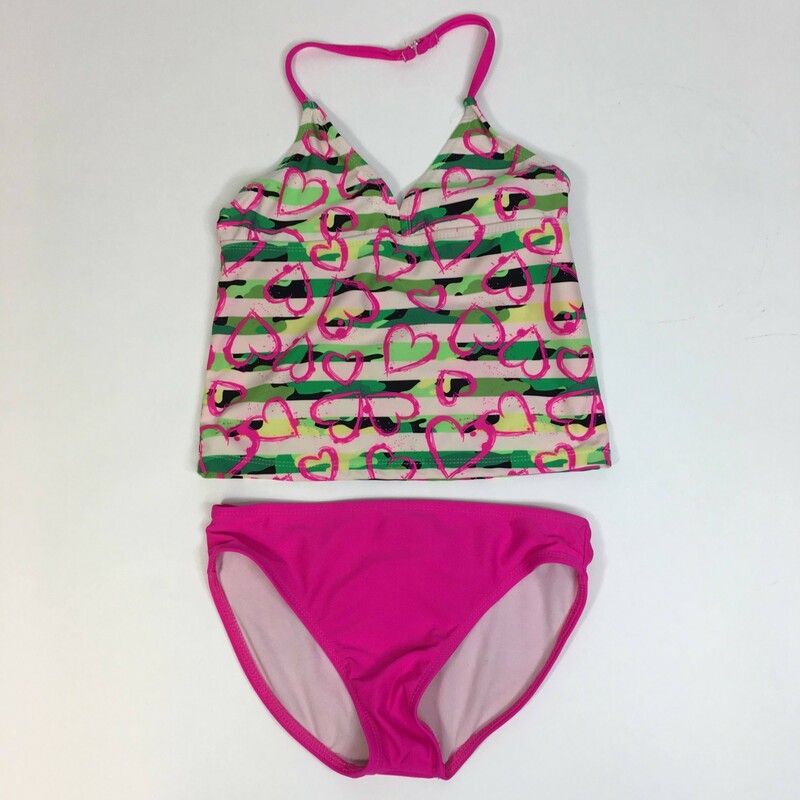 110-123a OP, Multicol, Size: 7/8 M Heart pattern on tankini top, bright pink bottoms, fully lined pieces