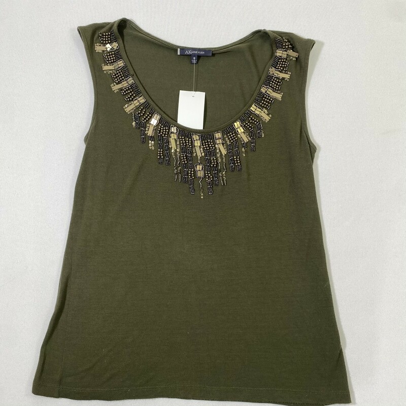 111-034 Ann Klein, Green, Size: Medium green beaded tank Top size M 100% Rayon