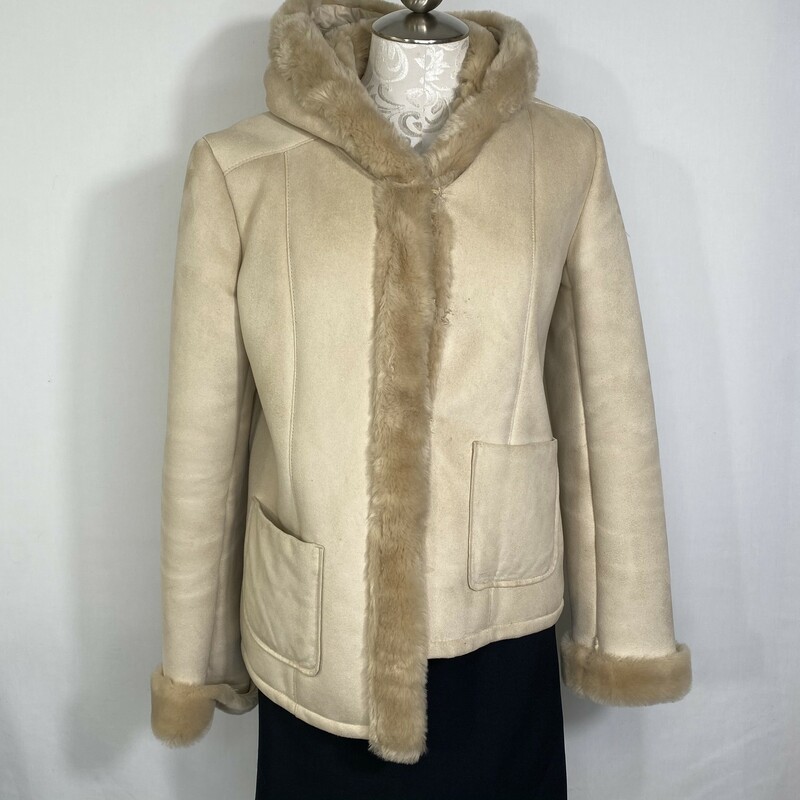 112-037 Ann Taylor, Beige, Size: Small Beige Jacket with Faux Fur interior lining body, sleeves and hood.  100% Polyester face, 46% modacrylic, 33% acrylic, 15% polyester. 2nd closure hook from top is torn see photo. Otherwise very nice warm stylish jacket
