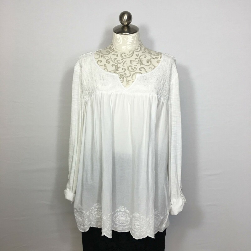 114-077 Gloria Vanderbilt, White, Size: Xxl long sleeve embroidered white Top cotton/modal