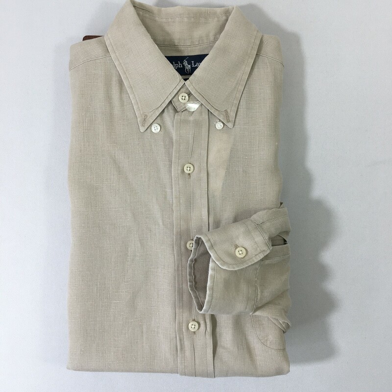 114-085 Ralph Lauren, Beige, Size: Medium beige long sleeve mens button-up shirt 100% linen