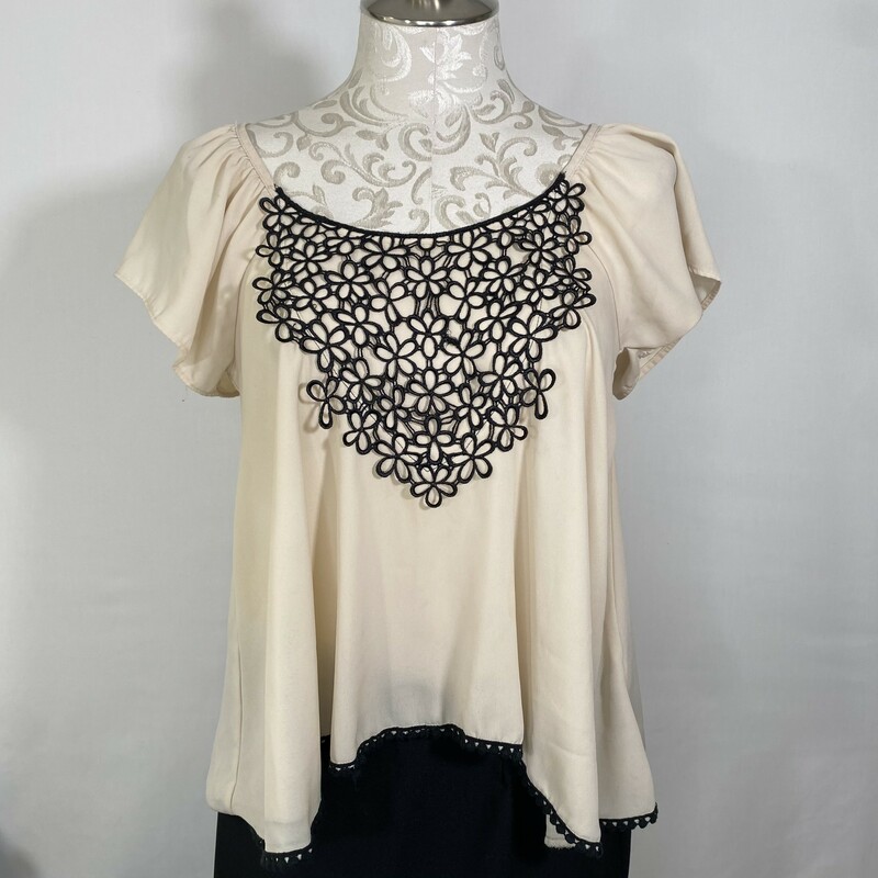 115-004 Miami, Beige, Size: Medium Beige short sleeve shirt w/ black embellishment 100% polyesther