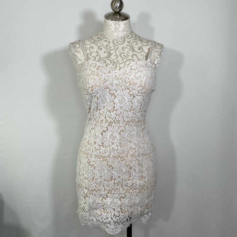 115-075 Windsor, White An, Size: Medium white lace shprt dress with nude/tan fabric underneath 100% polyester  good