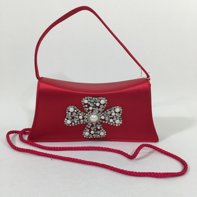 116-034 Kate Landry Red Satin  Bag With rhinestone and pearl cross detail, Red, magnietc snap closure, Size: Mini Bags