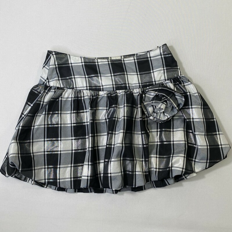 120-028 Justice, Black/gr, Size: 14 Kids short skirt w/ Black and grey plaid and rose on front