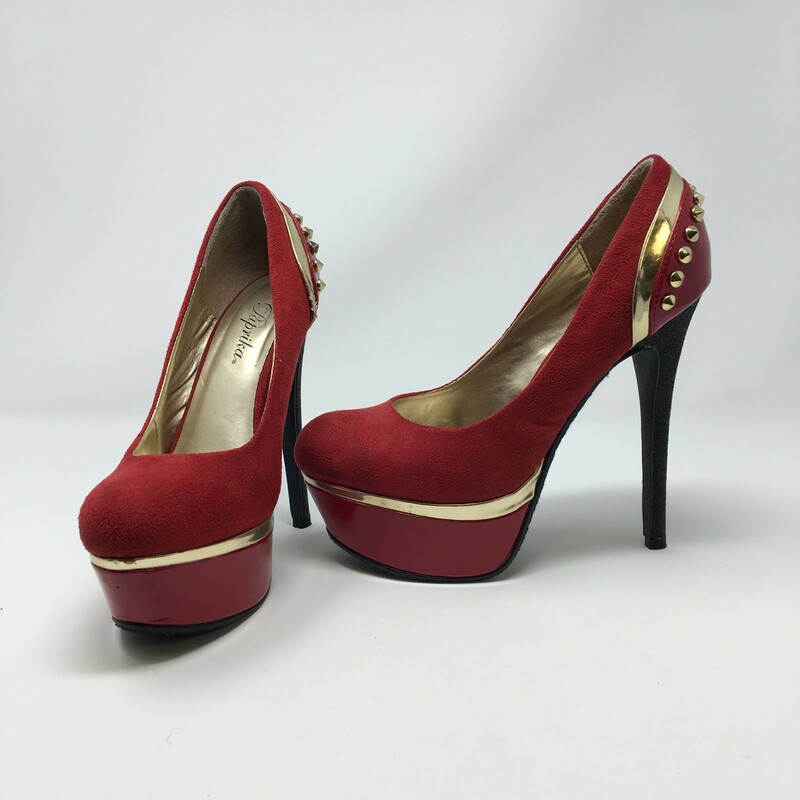 120-097 Paprika, Red, Size: 6.5
red high heels w/ gold embellisments -
